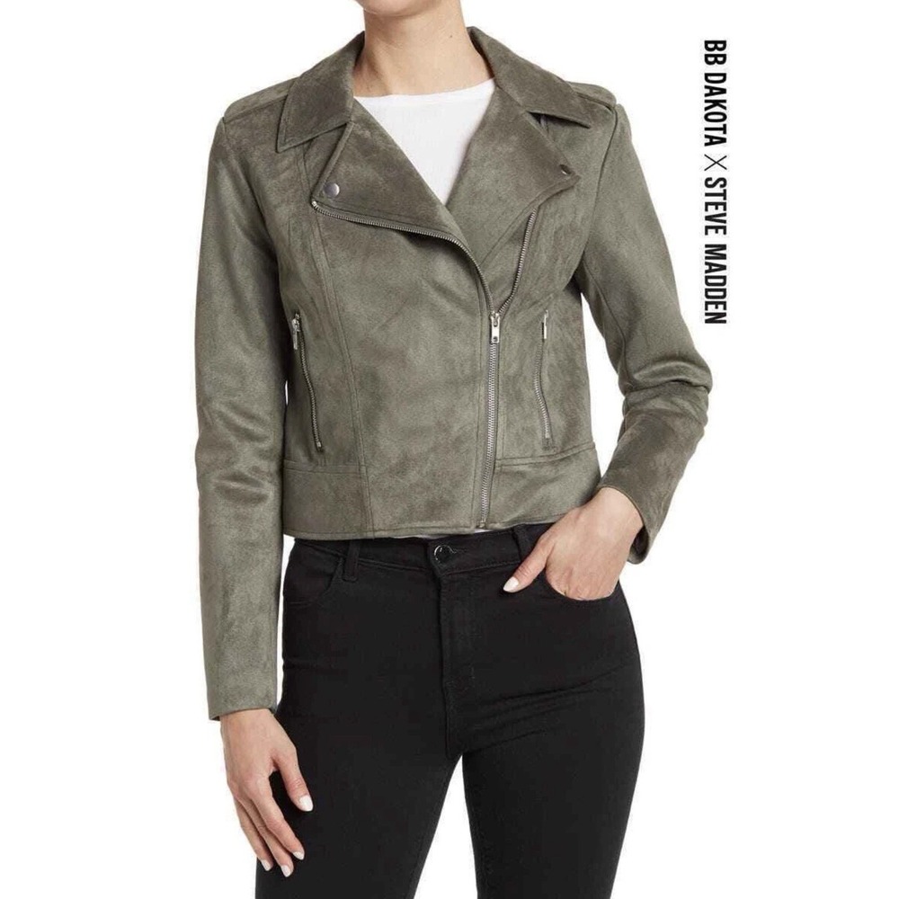 BB Dakota Steve Madden Faux Suede Moto Jacket Vegan Green Asymmetric Zip Small - Picture 3 of 14